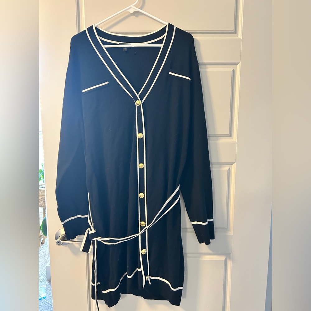 Express Black Cardigan Dress with White Trim and Gold Buttons